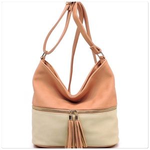 Tassel Crossbody Bucket Satchel Salmon Nude